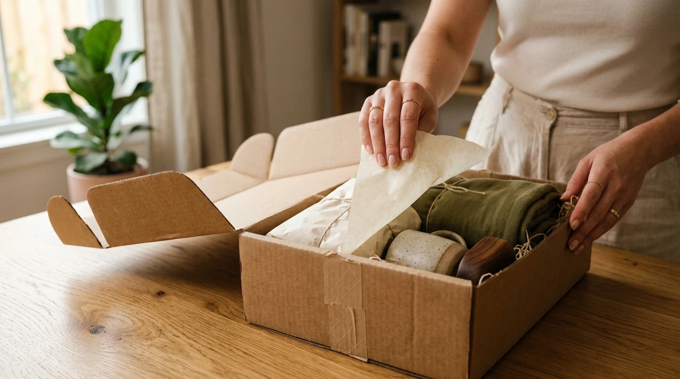 Customer hands delicately opening a beautifully packaged branded e-commerce delivery box