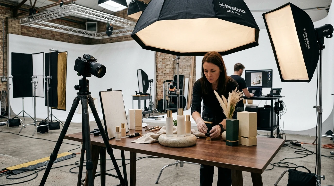 Professional commercial photography studio lighting setup styling products for an e-commerce catalog