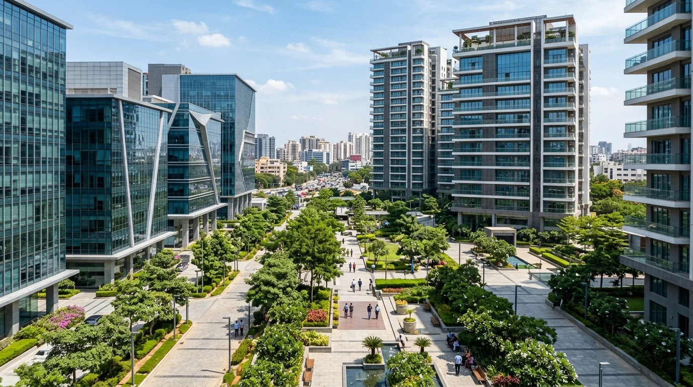 Modern commercial business park and residential towers representing real estate digital marketing in India