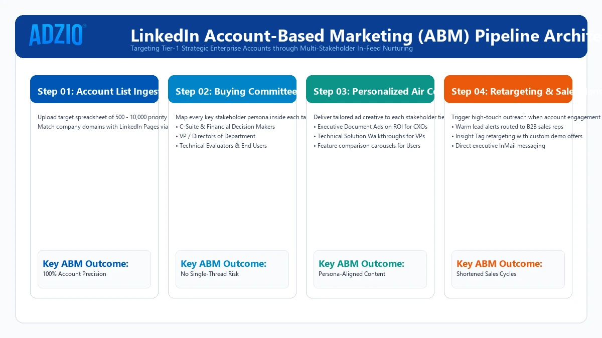 AdZio Account-Based Marketing ABM Pipeline Architecture showing Account Ingestion and Committee Coverage