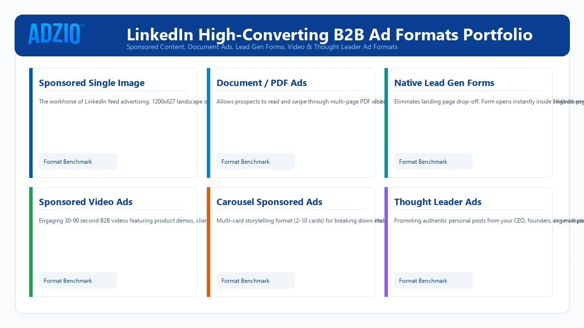 AdZio High-Converting LinkedIn B2B Ad Formats Portfolio showing Sponsored Content, Document Ads, and Videos