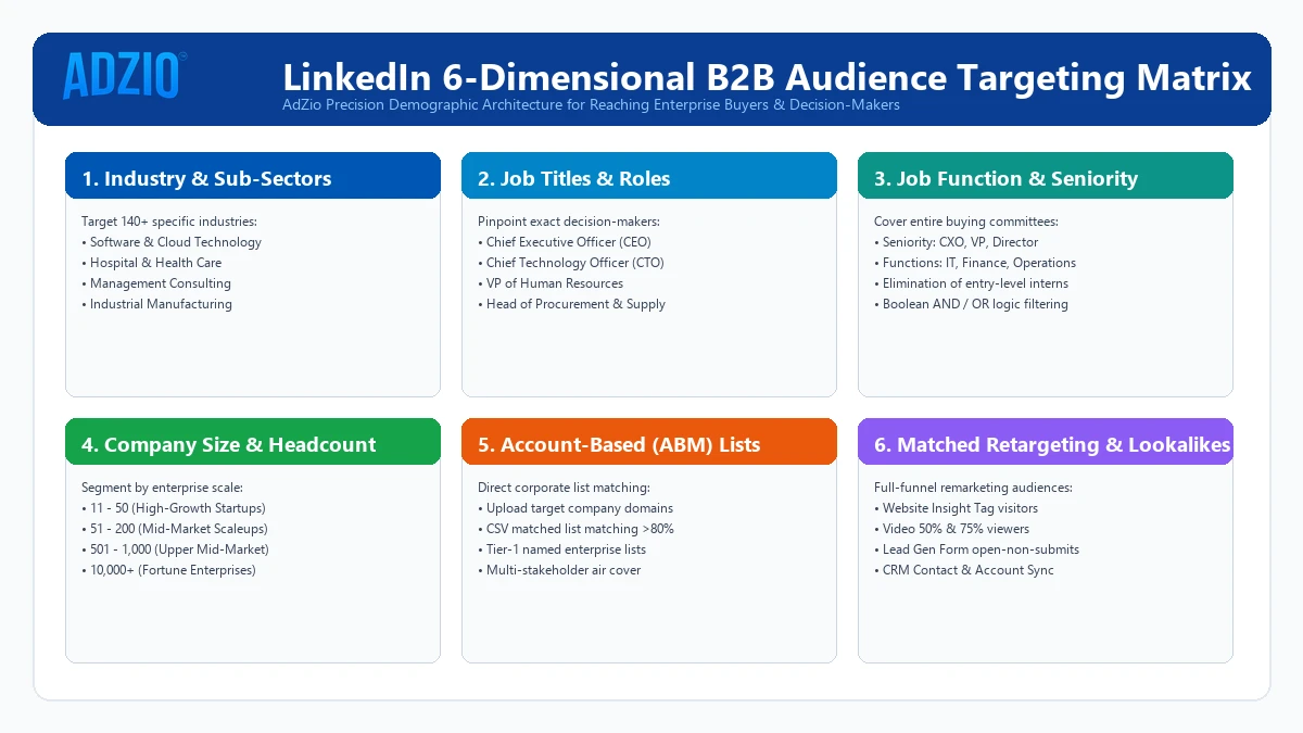 AdZio 6-Dimensional LinkedIn B2B Audience Targeting Matrix showing Industry, Titles, Seniority, and ABM