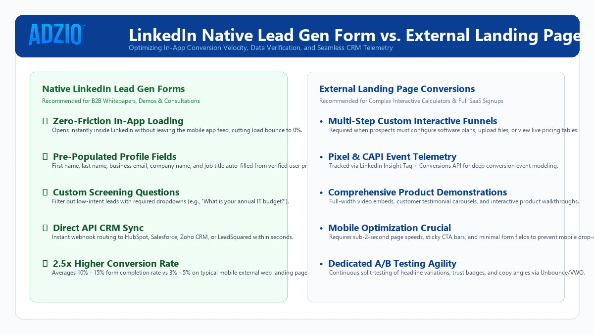 AdZio LinkedIn Native Lead Gen Forms vs External Landing Page Conversion Funnel Architecture