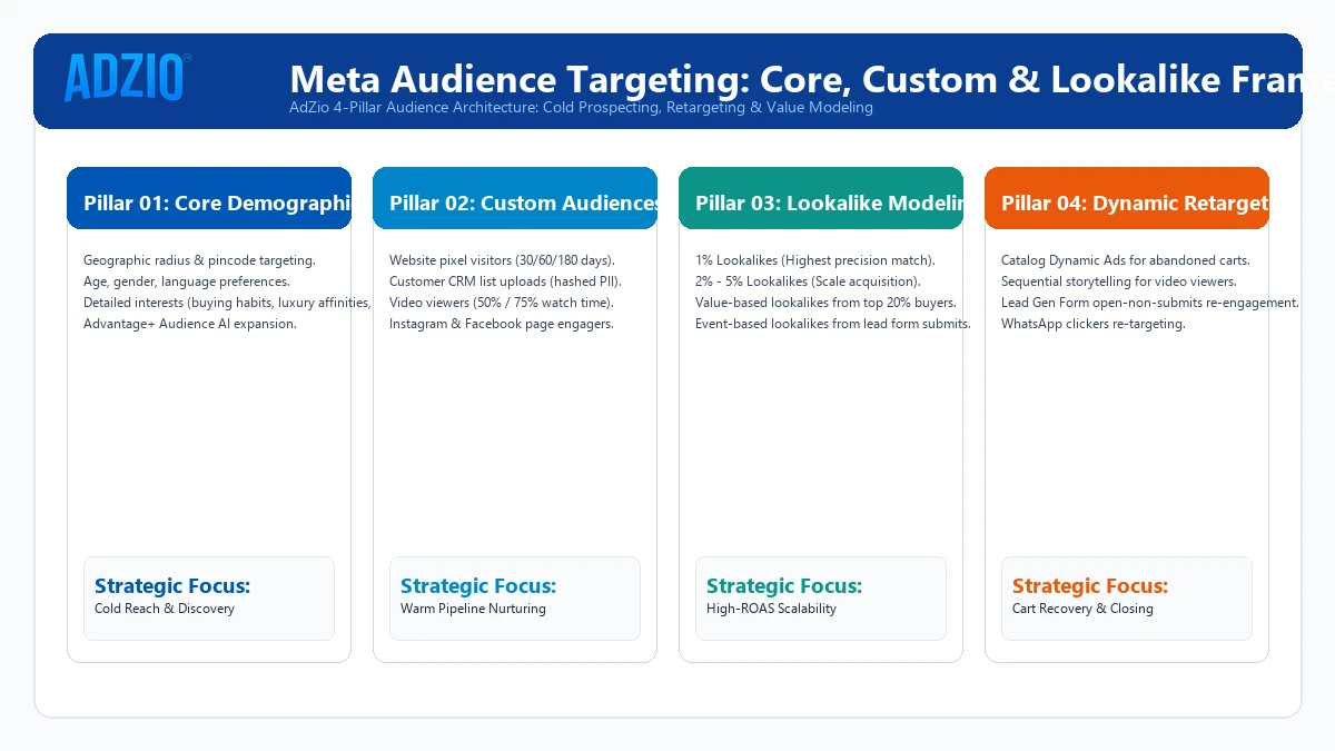 AdZio Meta Audience Targeting Architecture showing Core, Custom, and Lookalike Framework