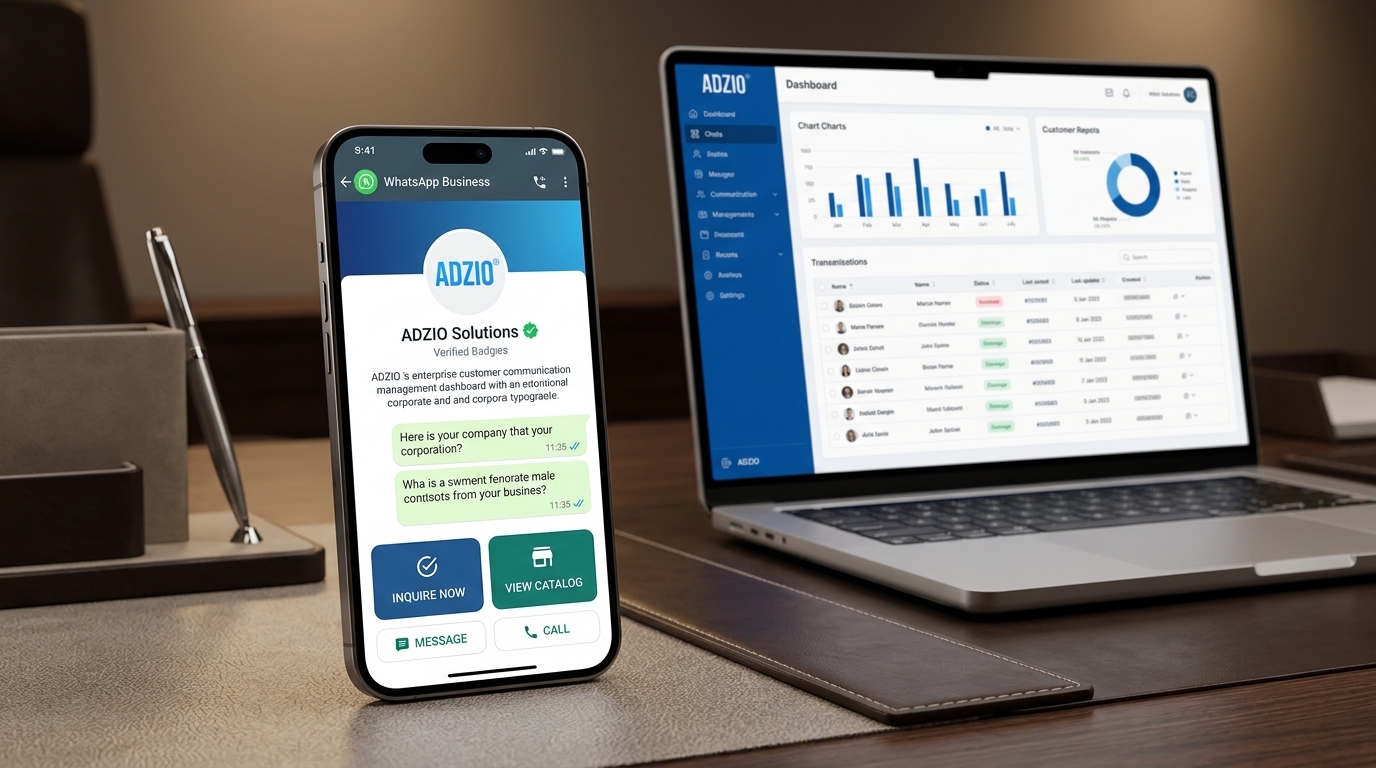 WhatsApp Business Marketing Services by AdZio - Executive Smartphone and Dashboard Mockup