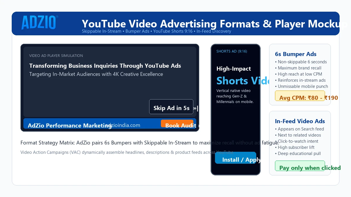 AdZio YouTube Video Ad Formats Mockup showing Skippable In-Stream, 6s Bumper, and Shorts Ads