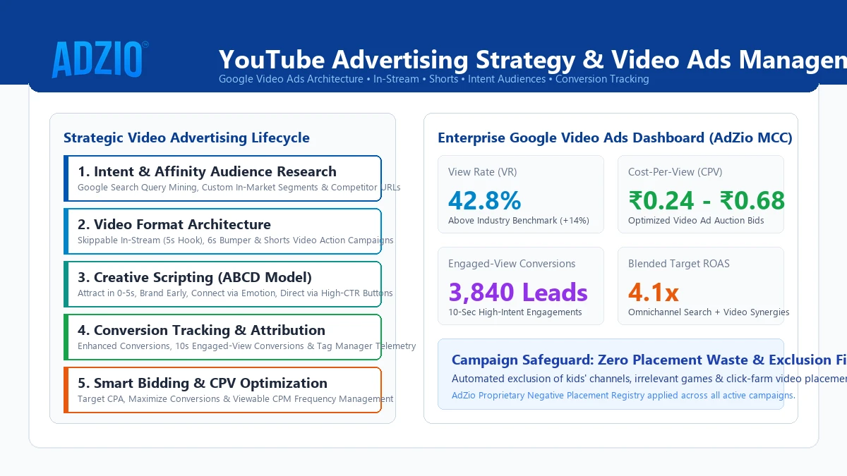AdZio YouTube Advertising Strategy and Campaign Dashboard with Audience Targeting and CPV Metrics