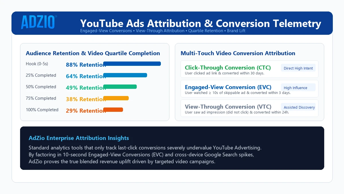 AdZio YouTube Video Conversion Analytics Dashboard showing Engaged-View Conversions and Quartile Completion