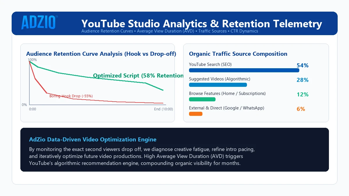 AdZio YouTube Studio Analytics and Retention Curve Diagnostics showing Traffic Sources and Watch Time