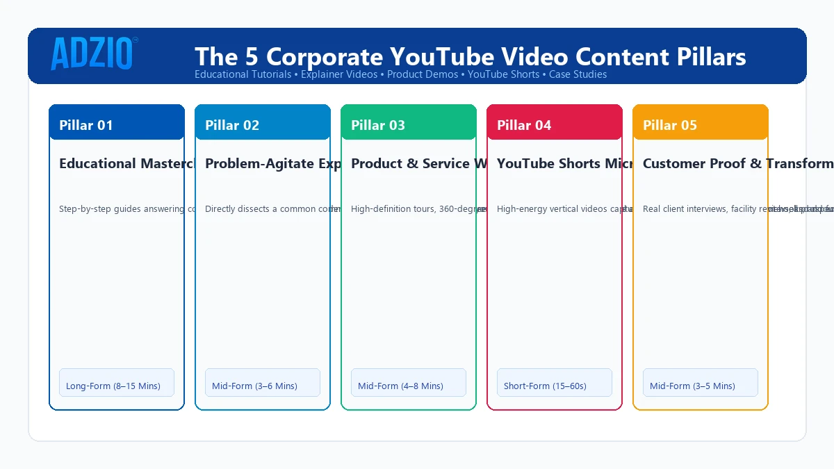 AdZio 5 Corporate YouTube Content Pillars showing Educational Masterclasses, Explainers, Demos, and Shorts