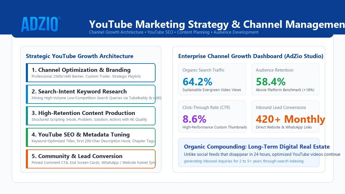 AdZio YouTube Marketing Strategy and Channel Performance Dashboard showing Audience Retention and Organic Search Traffic