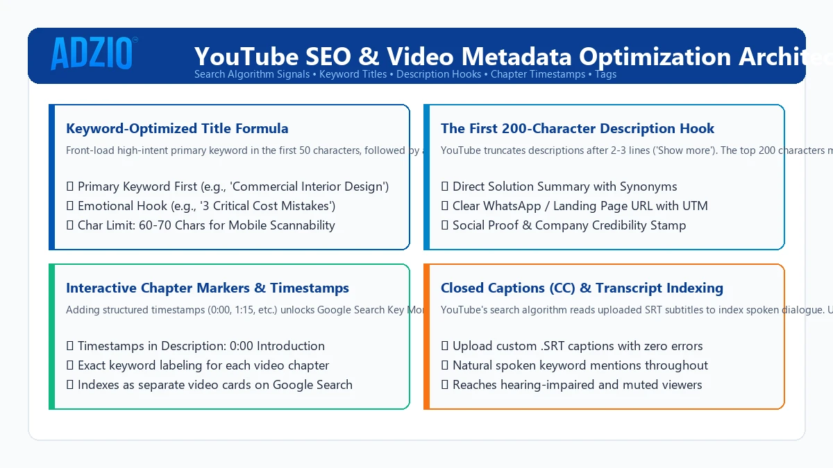 AdZio YouTube SEO and Metadata Optimization Architecture showing Title Formulas, Descriptions, and Timestamps
