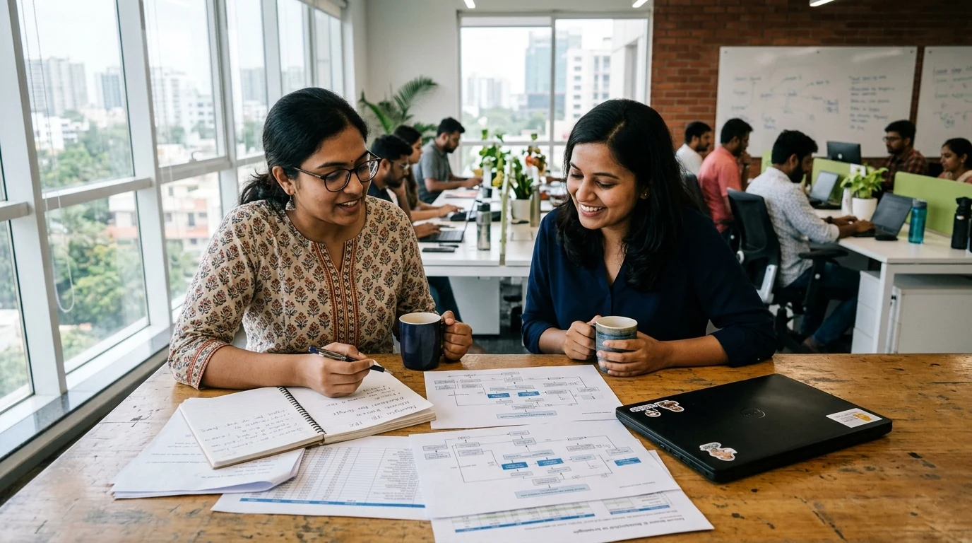 Two digital advertising strategists in a collaborative office reviewing campaign flowcharts and product margins