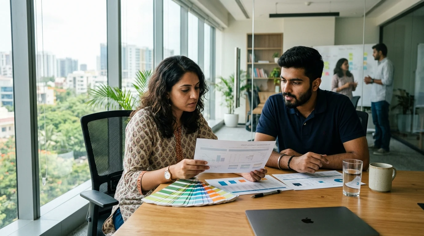 E-commerce media buyer and performance marketing specialist reviewing campaign performance data in a modern office