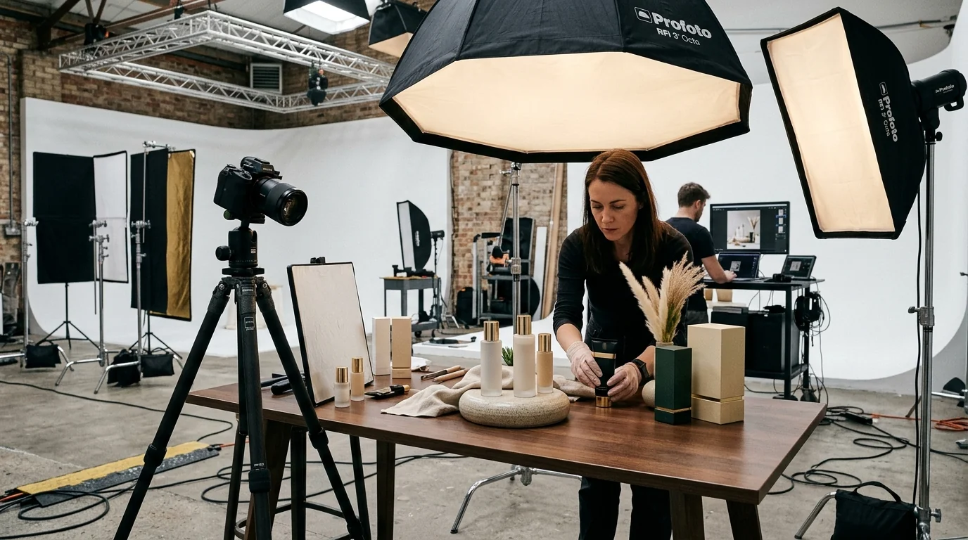 E-commerce product photography studio setup with lighting gear and cameras for Instagram advertising assets