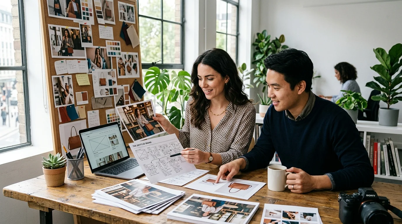 AdZio creative strategist and media buyer analyzing lifestyle product photoshoot prints and creative storyboards