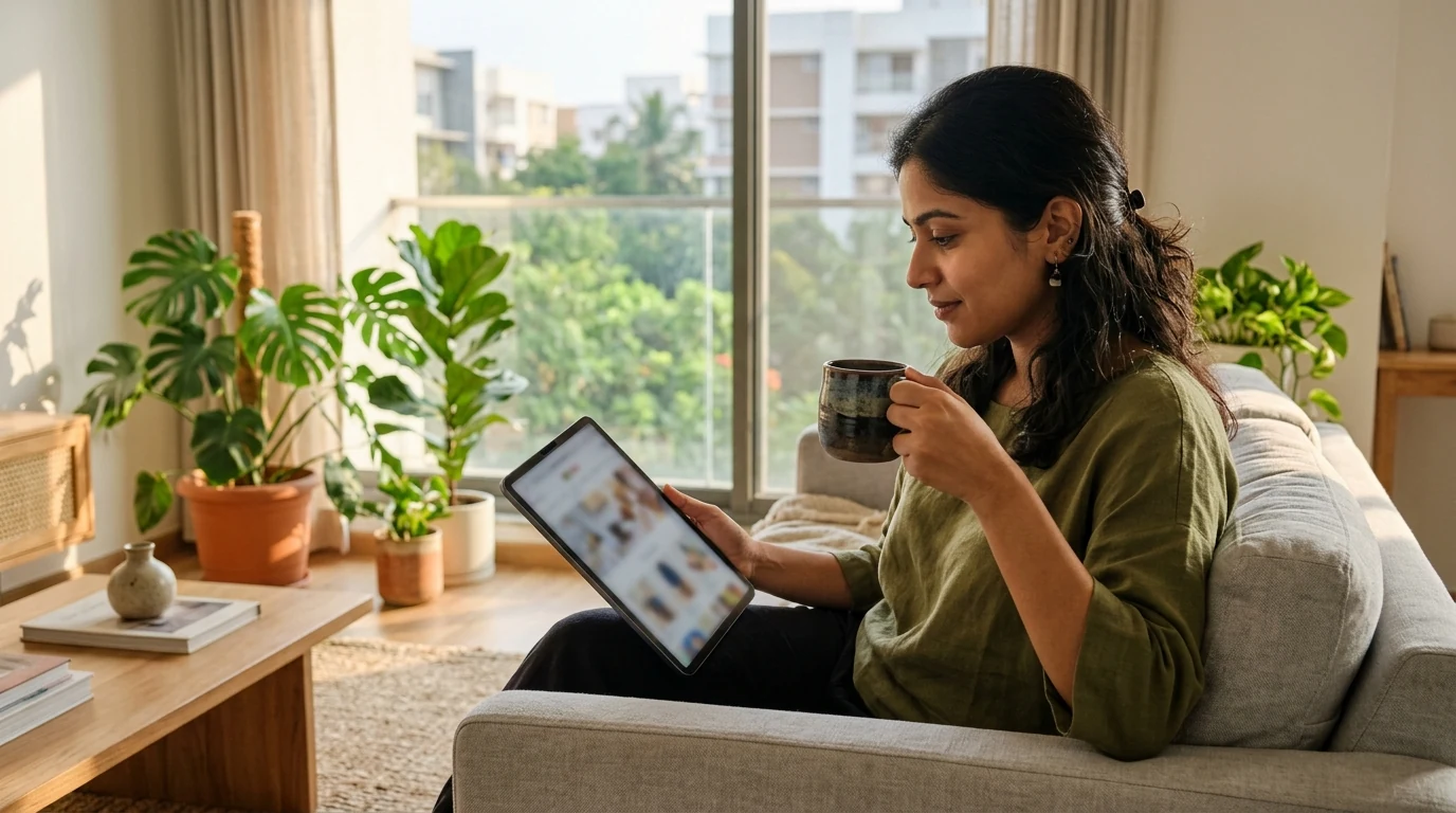 Consumer researching and comparing artisanal lifestyle home goods on a tablet device