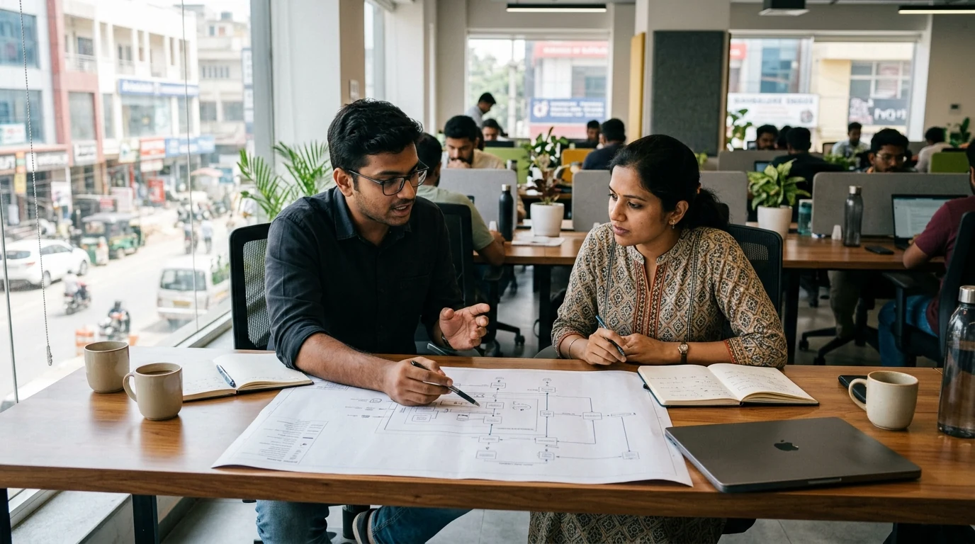 Two digital marketing consultants in a modern tech office reviewing e-commerce site architecture diagrams