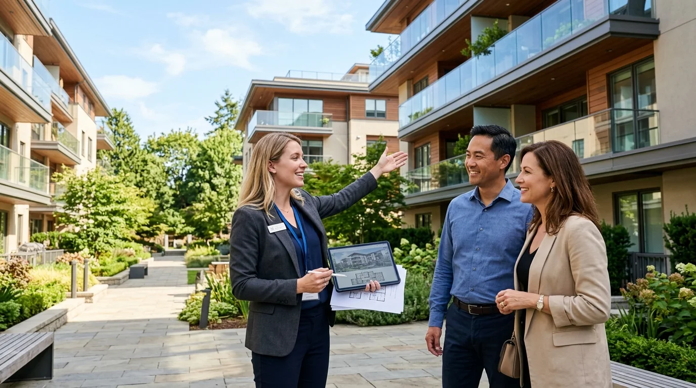 Prospective property buyers and sales consultants discussing architectural scale models in a luxury real estate development experience center