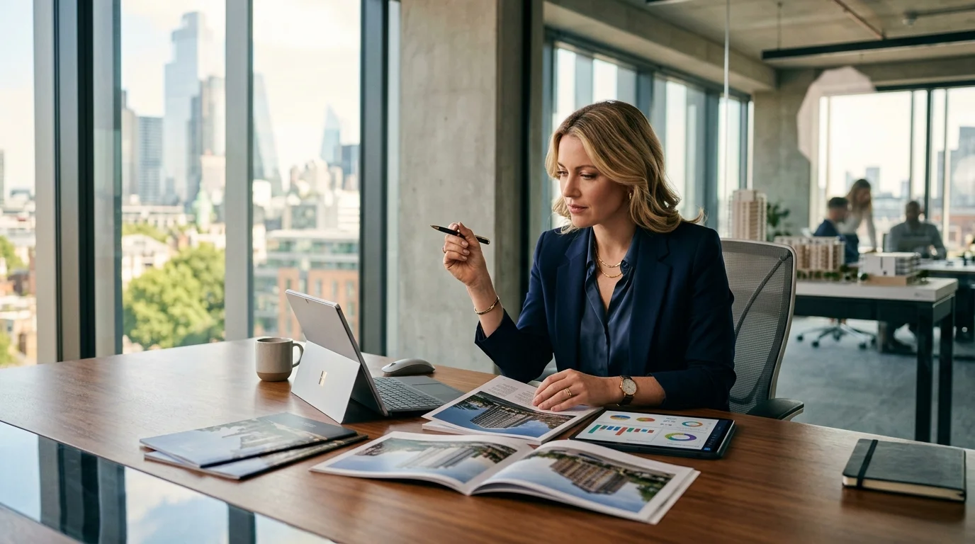 Real estate development directors and marketing planners examining architectural scale models and development blueprints in a corporate boardroom