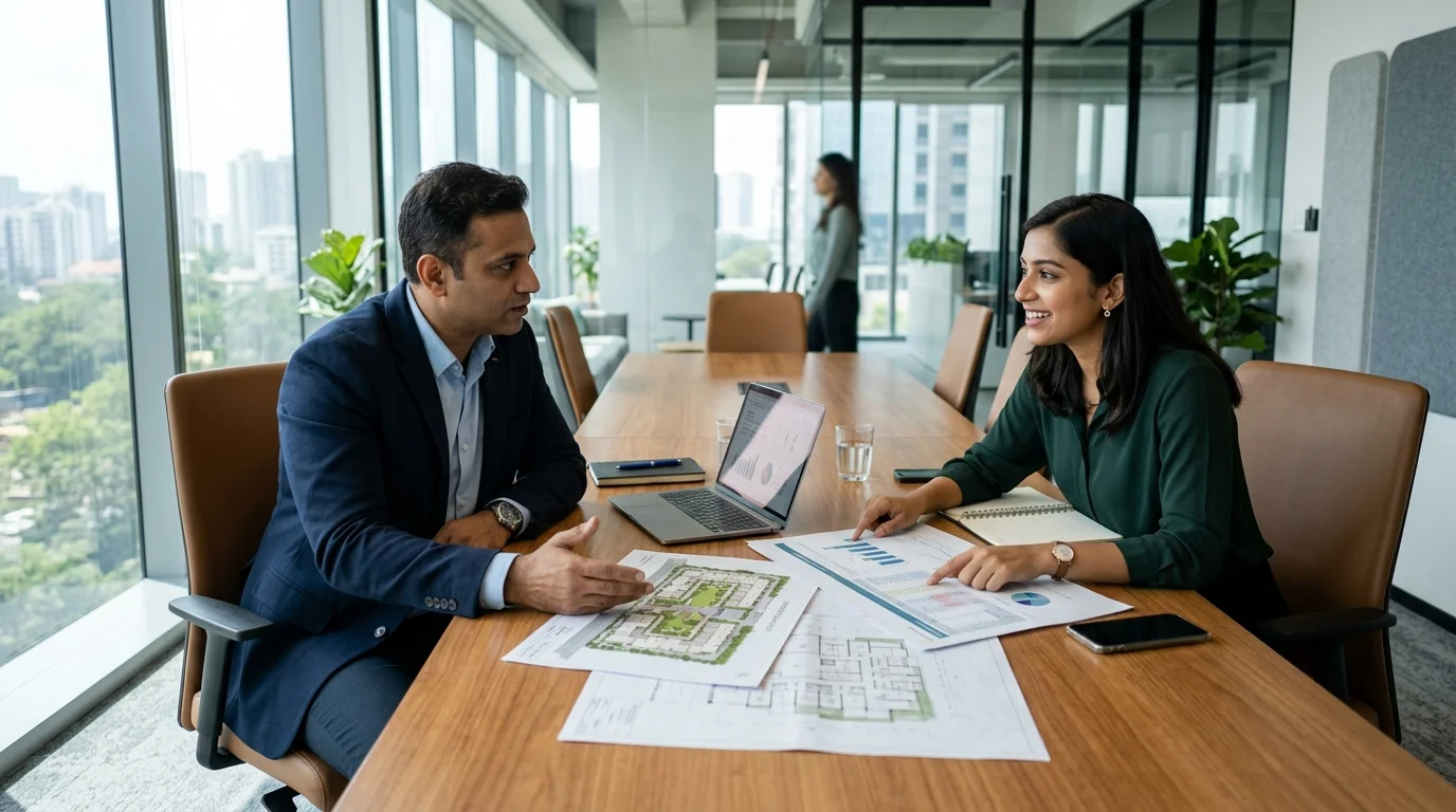 Property marketing specialists and real estate project directors reviewing campaign materials, architectural floor plans, and digital strategies