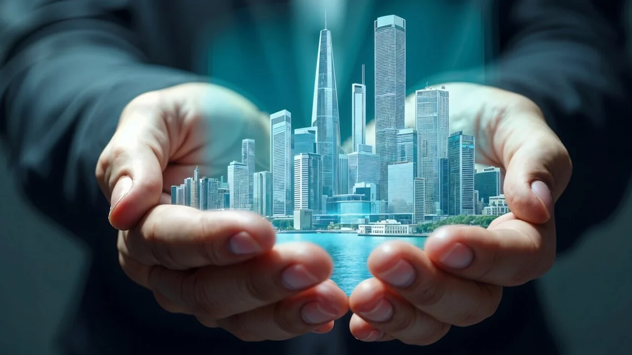 Modern architectural property development with landscaped residential towers and corporate facilities being showcased through digital marketing