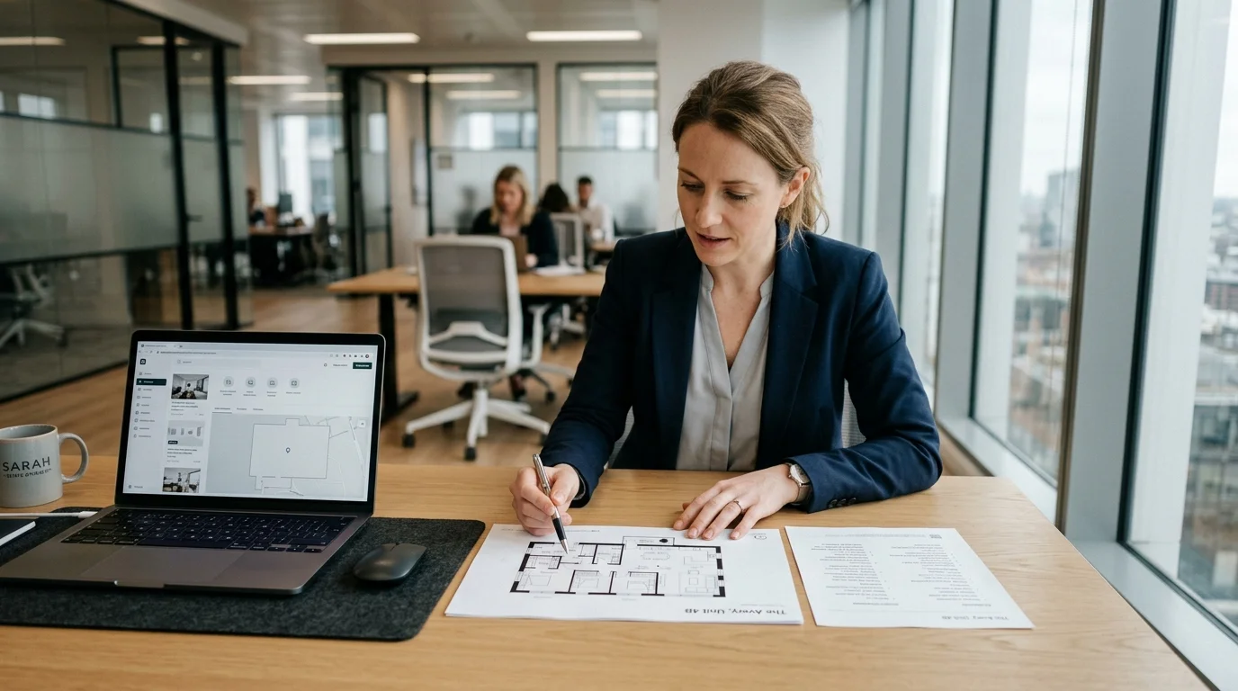 Real estate professional reviewing customer property enquiry and architectural floor plans at desk