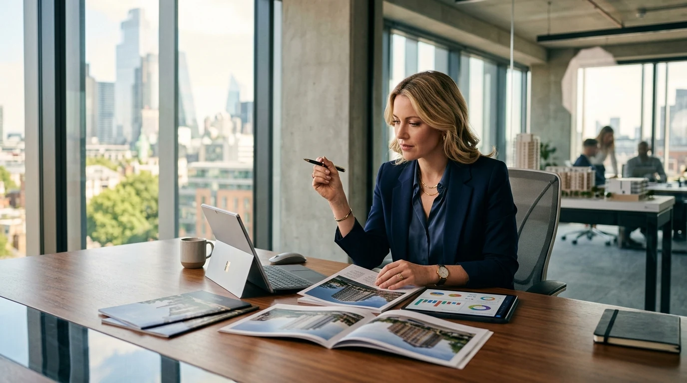 AdZio real estate advertising specialist analyzing property campaign blueprints and digital strategy at an executive desk