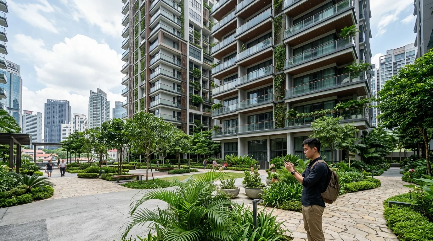 Young professional searching residential apartments on a mobile phone in a modern residential garden complex
