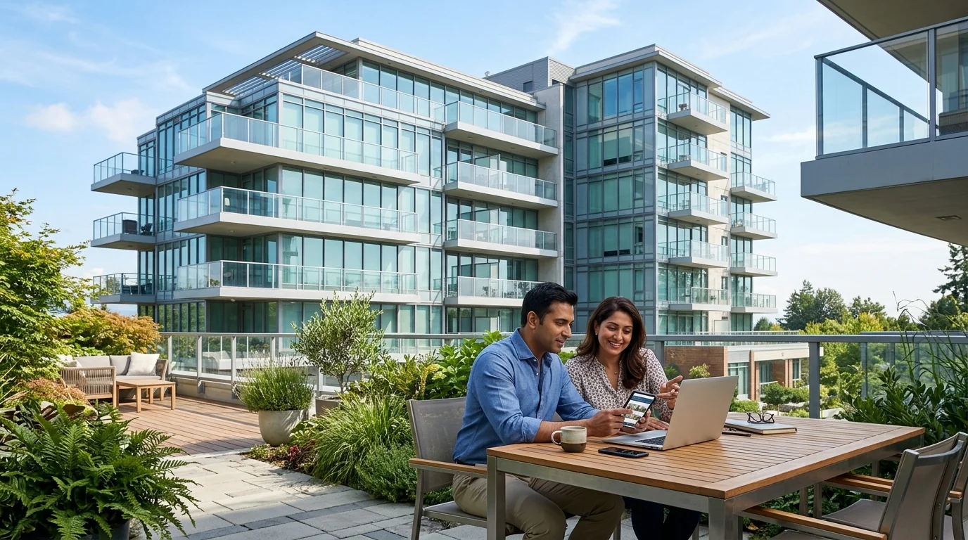 Prospective homebuyers researching residential real estate on a laptop on an outdoor terrace