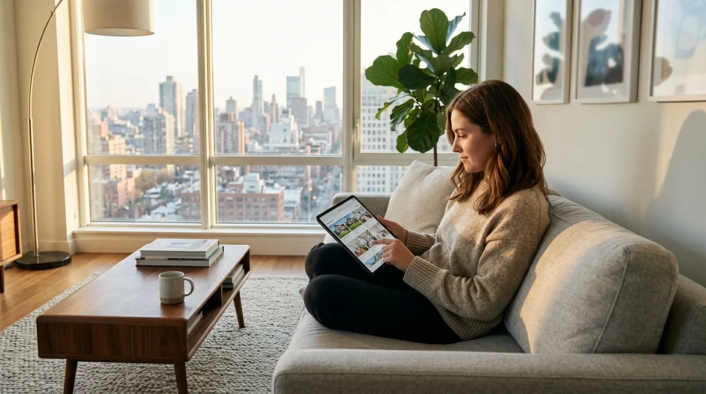 Prospective homebuyer exploring visual property galleries and architectural tours on a tablet