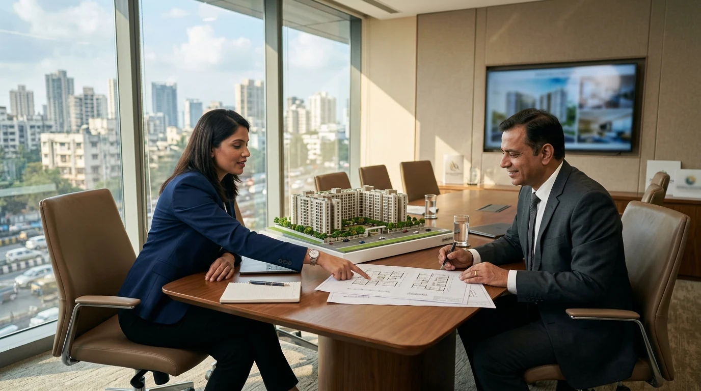 Real estate marketing strategist presenting luxury project architectural model and layout plans to an executive client