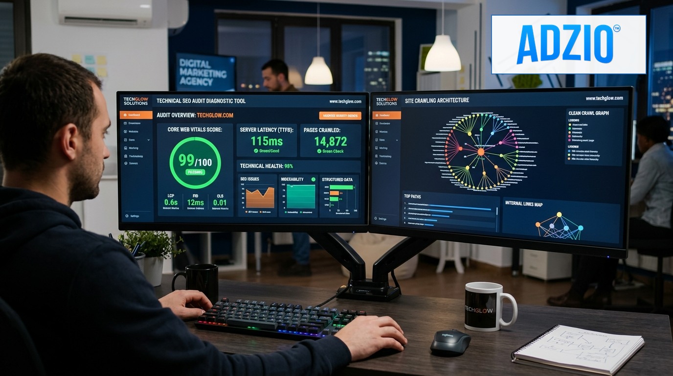 AdZio SEO services dashboard displaying organic search visibility, keyword tracking, and crawl performance