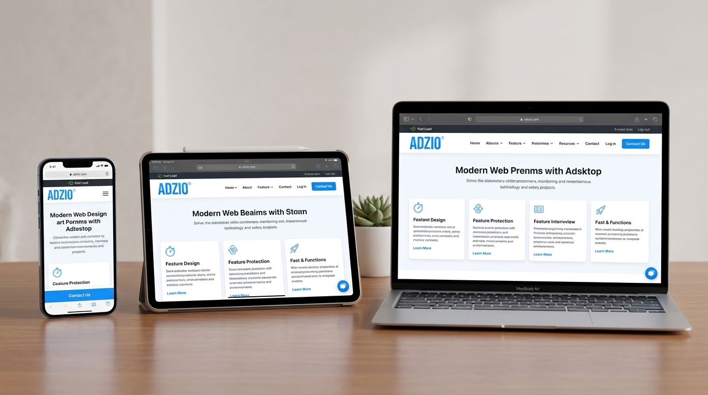 AdZio responsive website redesign on smartphone, tablet, and laptop showcasing mobile-first fluid layout