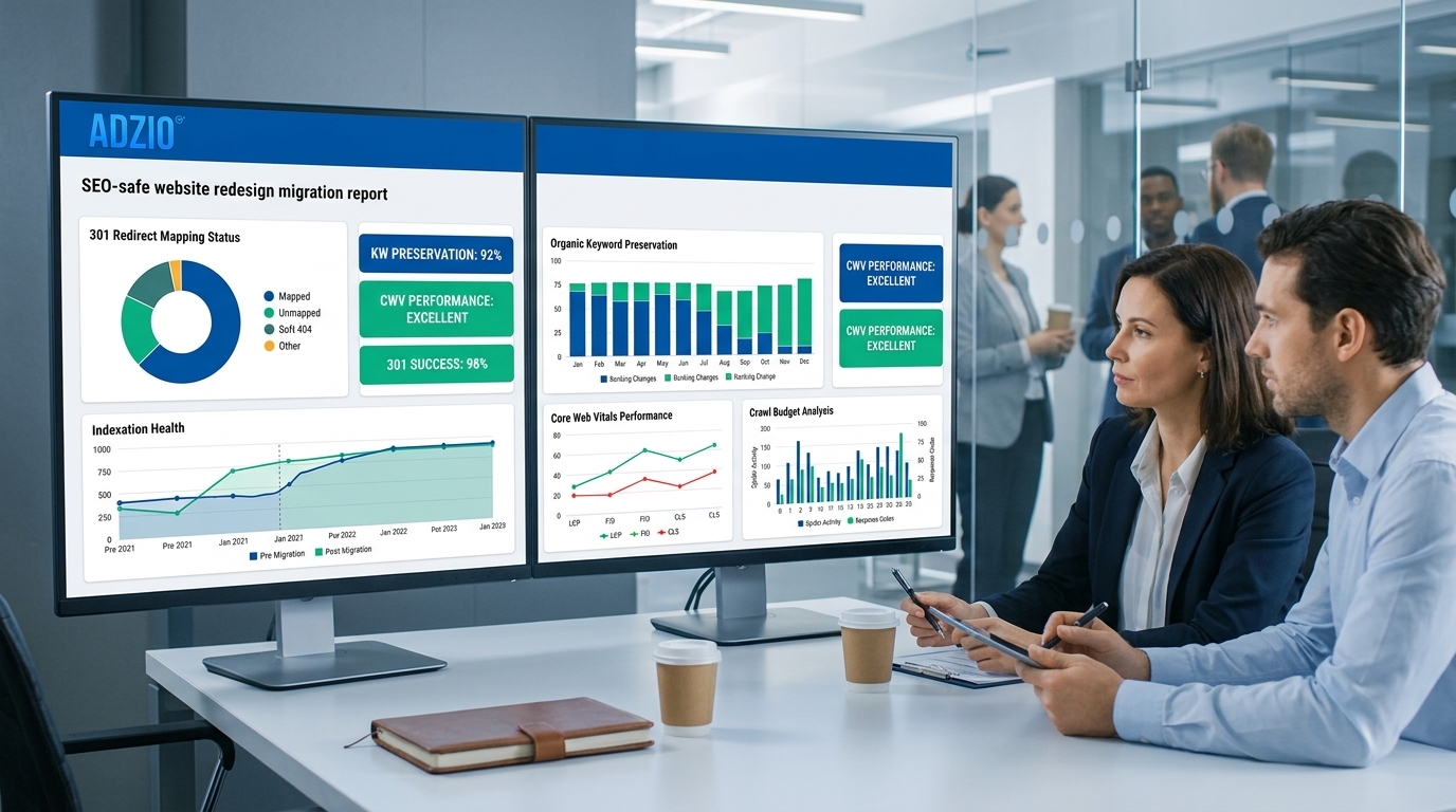 AdZio SEO-safe website redesign dashboard displaying 301 redirect mapping, indexation health, organic keyword preservation and Core Web Vitals