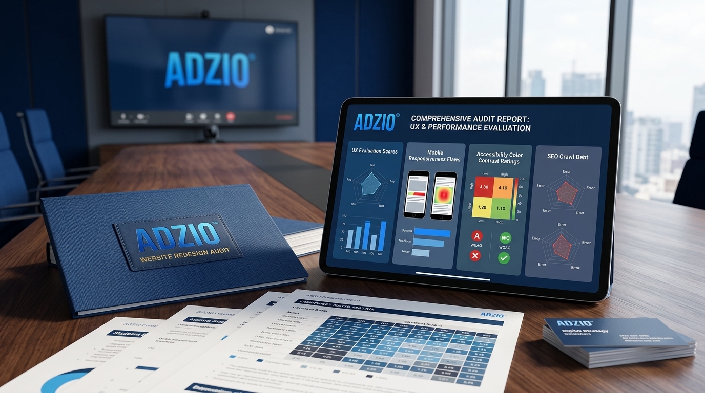 AdZio comprehensive website redesign audit report illustrating UX scores, mobile responsiveness, accessibility and SEO crawl debt