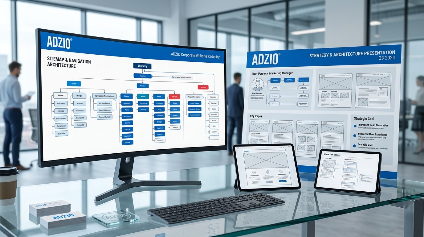 AdZio corporate website redesign strategy and sitemap architecture presentation