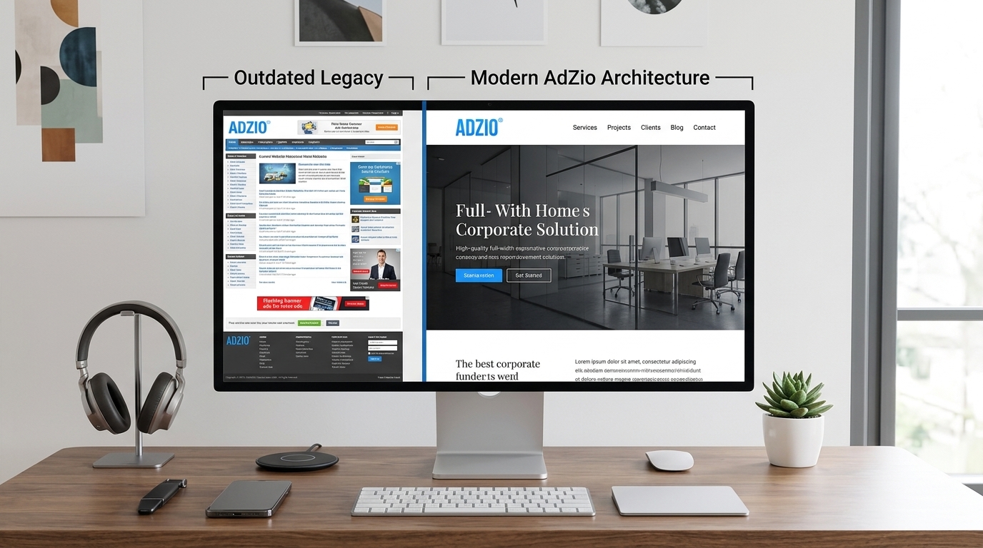 AdZio website UI redesign before and after comparison showing outdated legacy layout versus modern clean corporate architecture