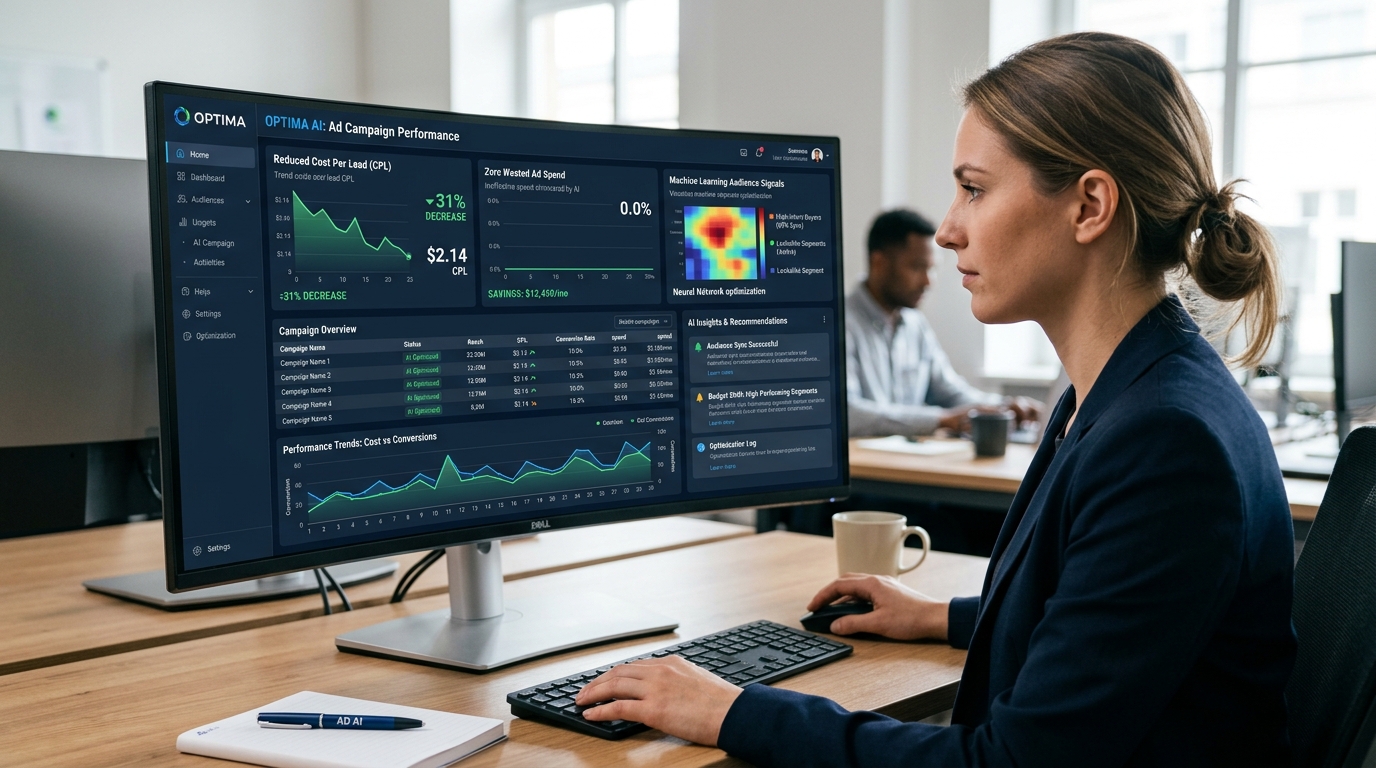 AI ad optimization dashboard showing reduced cost per lead and zero wasted ad spend