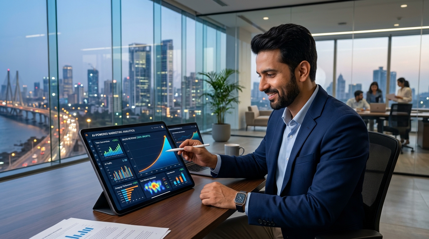 AI digital marketing dashboard showing doubled sales growth in 2026 for businesses